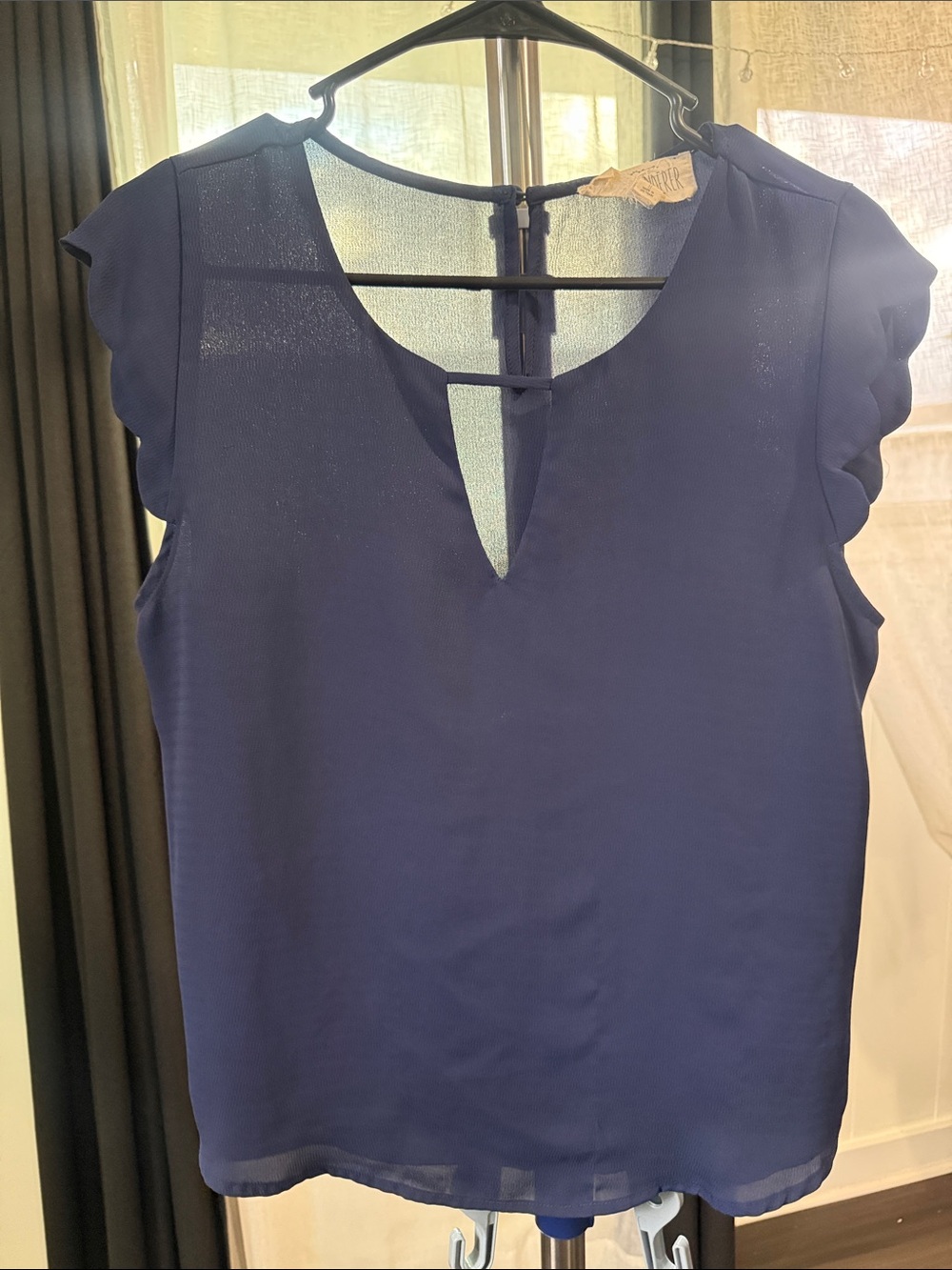 Sweet Wanderer Navy Blue Flutter Sleeve V-Notch Blouse